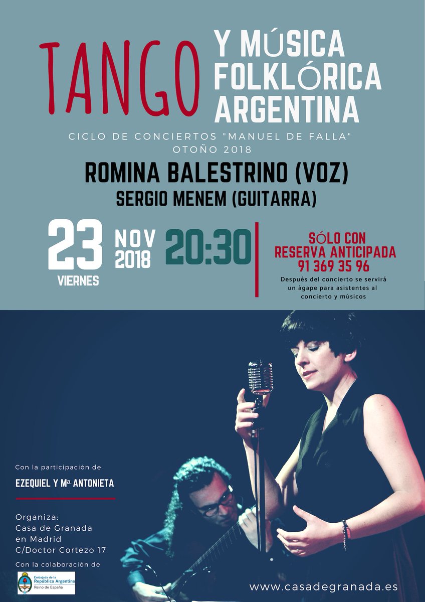 #conciertodetango de @romibalestrino en Madrid el próximo viernes 23 de noviembre, 20:30 horas en <a href="/casadegranada/">Casa de Granada</a> . Reserva anticipada. Una ocasión única de escuchar a una de las mejores voces del tango actual, acompañada de Sergio Menem. Haz tu reserva!
