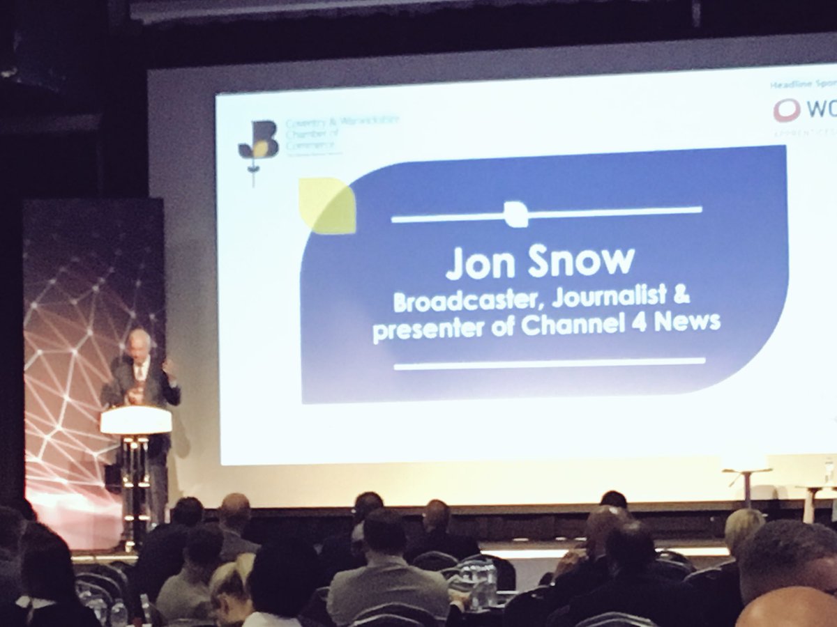 cwchamber's tweet photo. Delighted to welcome @jonsnowC4 to the stage who explains his links to both Coventry and Warwickshire. #cwconf18 https://t.co/J7GVcaSWz6