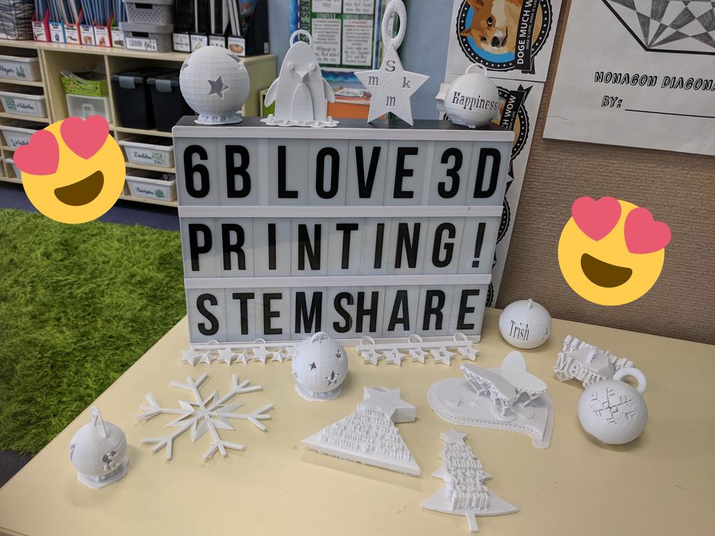 Bowman_Mrs's tweet photo. 6B have been creating project after project on @tinkercad whilst using the 3D printer we have on loan from @STEM_Share this term. Loving their Christmas designs! https://t.co/cg2xPg1XME