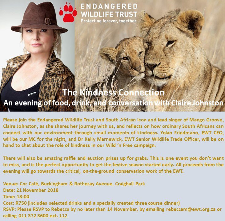 don't miss it 12;30pm #thegarethnelsonshow chats with <a href="/CJMangoGroove/">Claire Johnston ©™</a>  about her #talk for #endangeredwildlifetrust 21 November <a href="/CnrCafeJHB/">Cnr Cafe</a> support a great cause