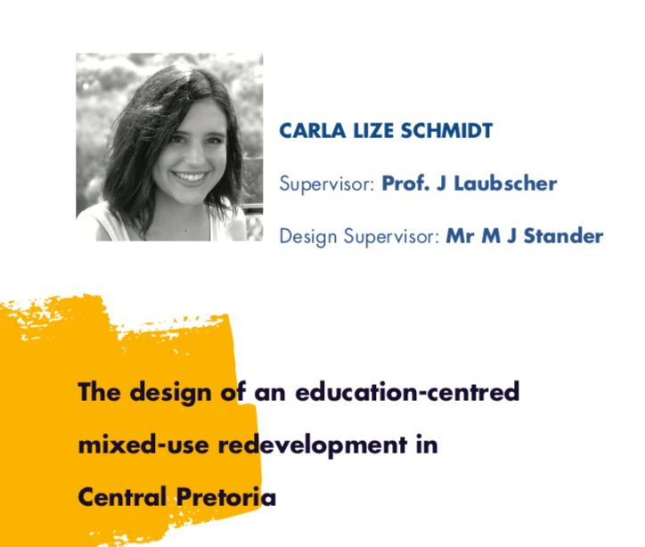 TUT_Arch's tweet photo. Congratulations to Carla Schmidt on achieving the 2nd runner up place in the #TUTArch2018 #Corobrik Awards for her design of an education-centred mixed-use redevelopment in Central Pretoria. @ArchitectsPIA @pretorianews @Official_TUT @amiraosman0 https://t.co/ixGW5tle3w