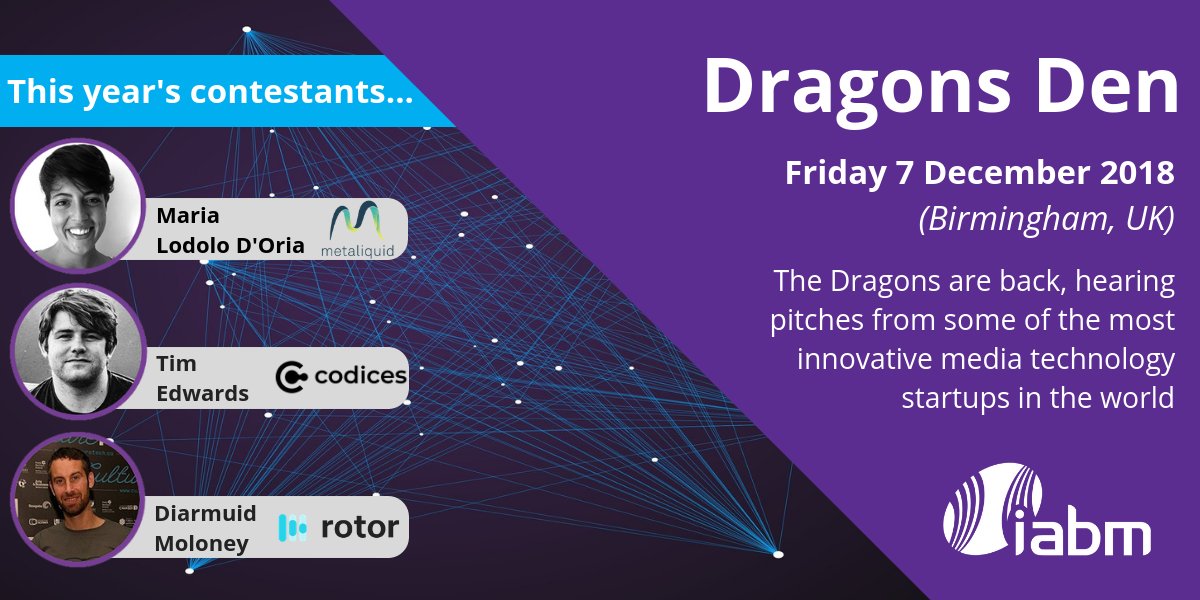 You won't want to miss this years Dragon's Den at the IABM International Conference! This years contestants are from Codices (<a href="/tim_edw/">Tim Edwards</a>), <a href="/MetaliquidAI/">Metaliquid</a>  and <a href="/RotorVideos/">Rotor Videos by LyricFind</a>  > Find out more at: ow.ly/DzO330mCcmS #dragonsden