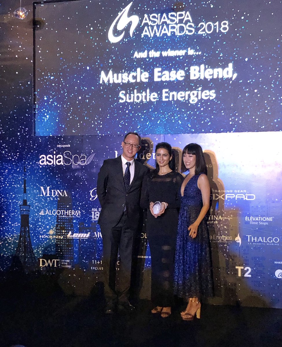 Subtle_Energies's tweet photo. Some more images from last night’s @AsiaSpa Awards. So pleased our Muscle Ease Blend has won an award 🎉 Also a huge congratulations to some of our spa partners who also won an award - #Gwinganna Lifestyle Retreat and @Kamalaya Koh Samui #AsiaSpaAwards #AsiaSpa #awards https://t.co/AoznGv6ayT