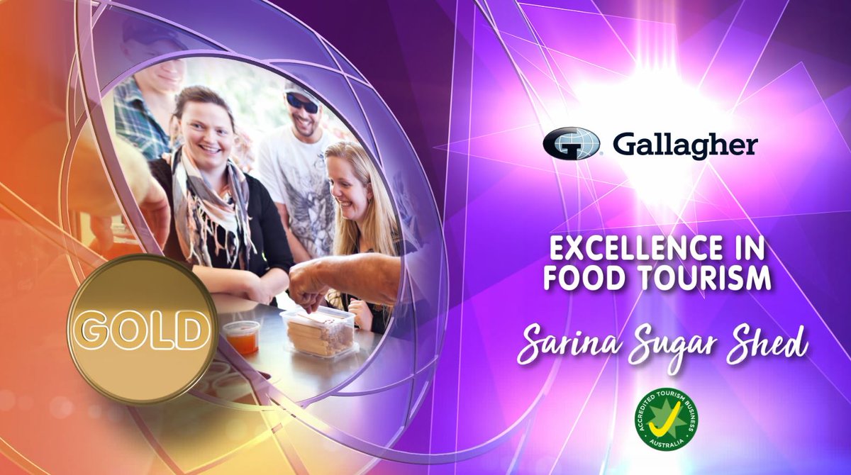 Sarina Sugar Shed takes the Gold again &amp; is heading to nationals for the 4th year running for ‘Excellence in Food Tourism’! Congratulations to Bundy Food Tours  for taking home the Silver. Sponsored by  Gallagher. #QTA18  ow.ly/t41H30mCYUR