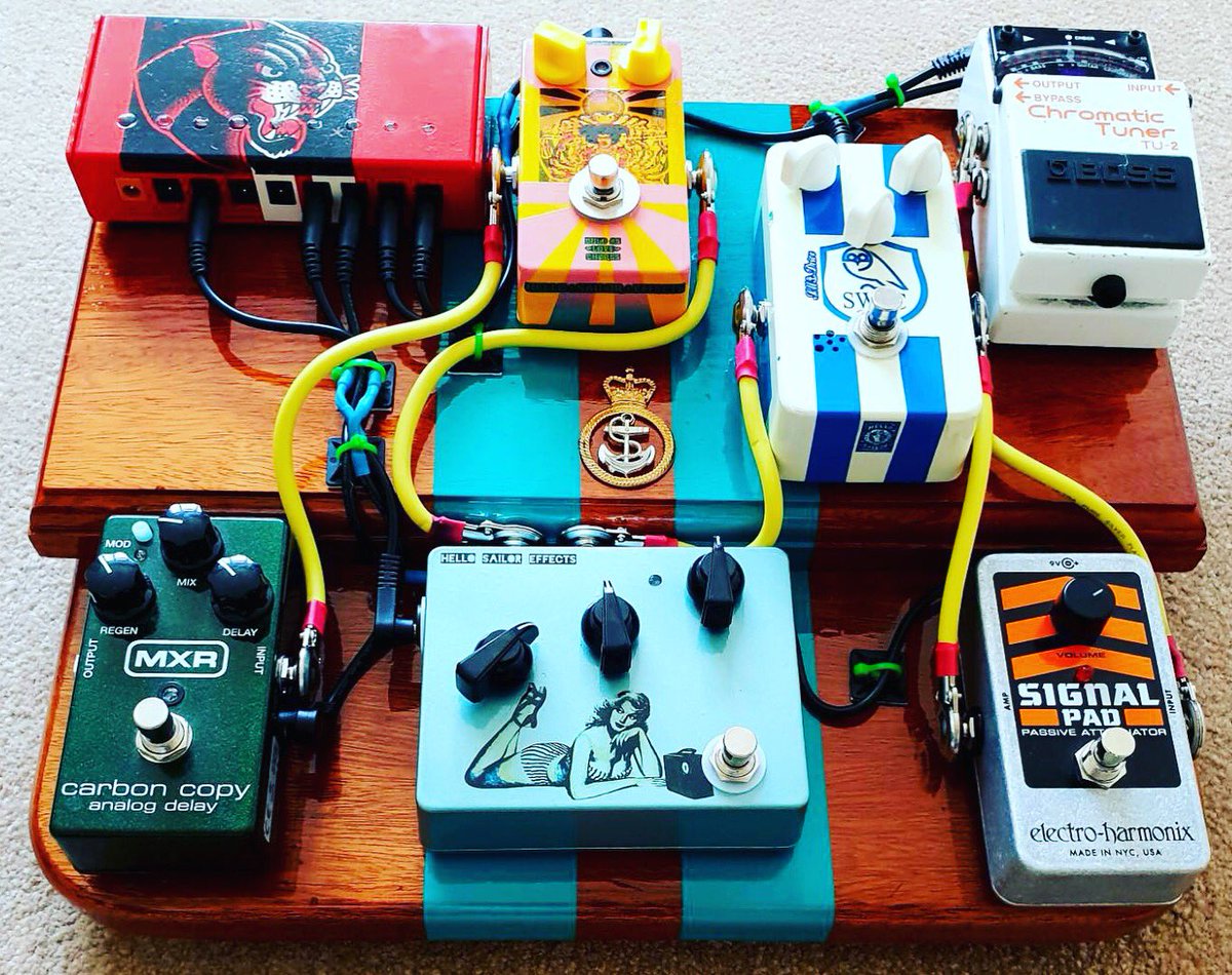One for all you guitar lovers......

Steve’s Custom Hello Sailor Effects pedal board , featuring the SM drive pedal painted in  Sheffield Wednesday colours and badge @EffectsHello @mosbyguitar @swfc #livemusic #weddingband #functionband #pubgigs #yorklivemusic #yorkband