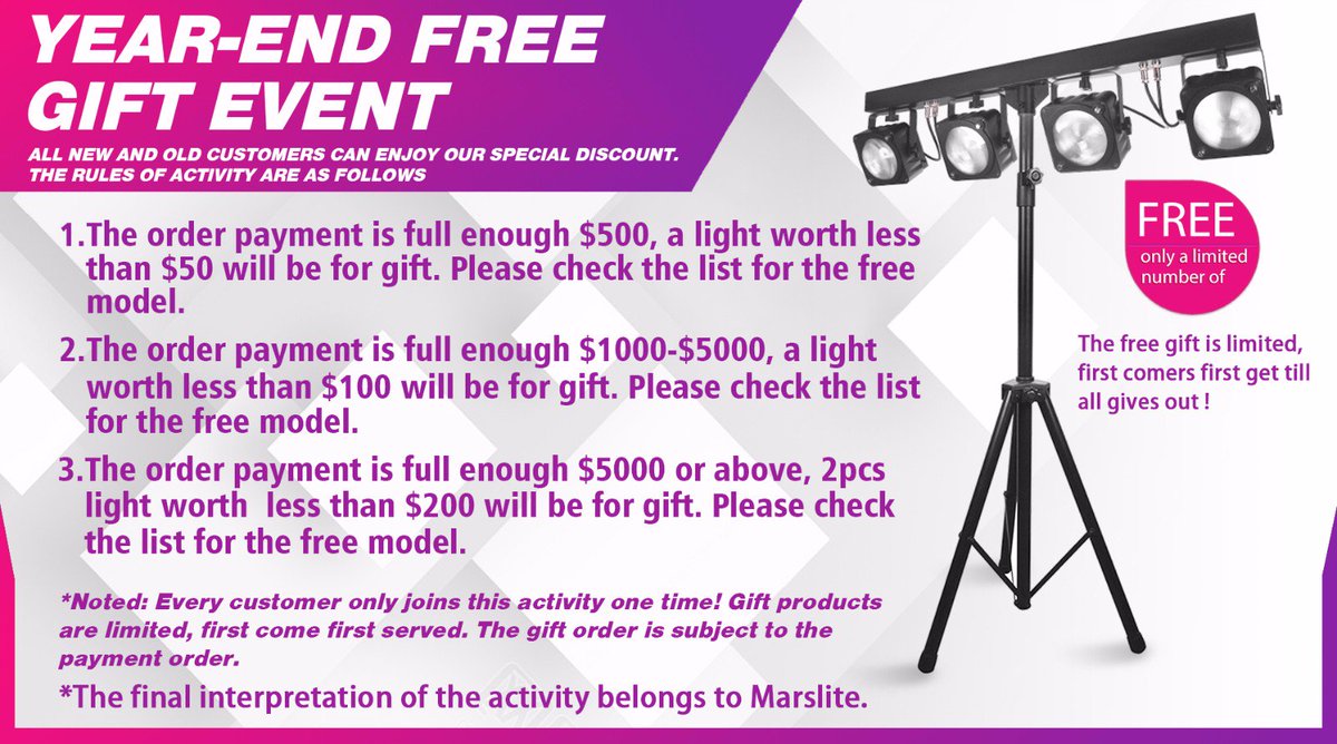 MarsliteLight's tweet image. In order to give back to customers, our company decided to hold a gift at the end of the year, buy more and send more, first come first served.E-mail: mars@mars-light.commarsledstage.com#stagespotlight#ledmovingheadlight#ledeffectlight