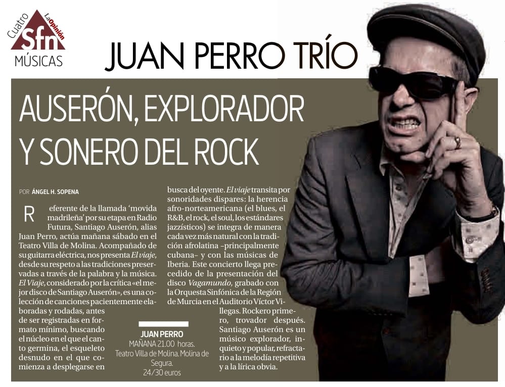 Lady_GTR's tweet photo. 'Santiago Auserón, explorador y sonero del rock' es el titular que @diariolaopinion dedica hoy a #JuanPerroTrío y no podemos estar más de acuerdo ni más entusiasmados por escucharlo mañana en @TeatrodeMolina Villa de Molina, ¡no te lo puedes perder! 🎼 @LaHuellaSonora https://t.co/II7TB1eSnI
