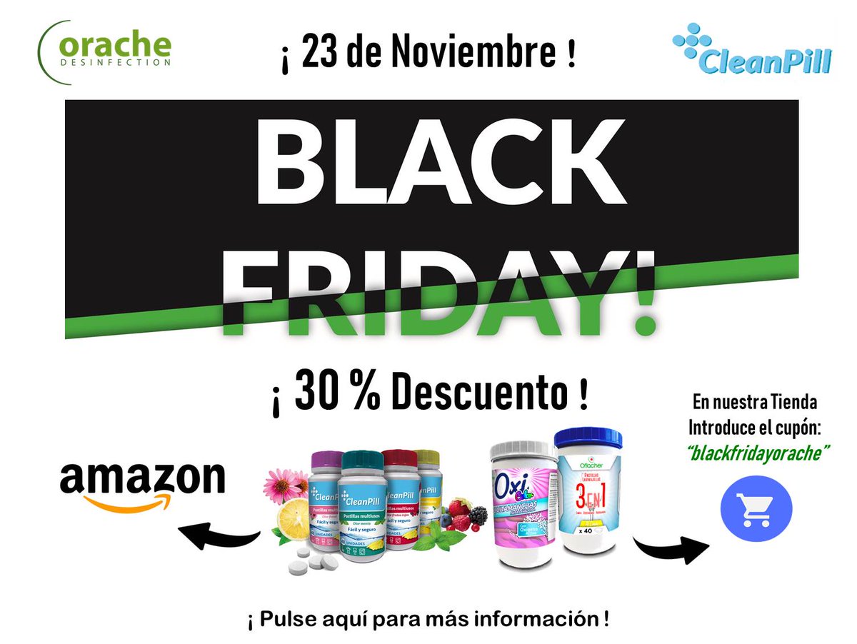 cleanpill's tweet photo. El próximo día 23 de noviembre, #Orache Desinfection se sumará al Black Friday ofreciendo en los productos #Cleanpill y Oflacher ¡30% de #descuento! ¿Cómo obtenerlo? Toda la info en nuestro #Blog: https://t.co/WqFr0mnehV
#lejia #BlackFriday2018 #BlackFriday #limpieza https://t.co/5JvQRhT5Gd