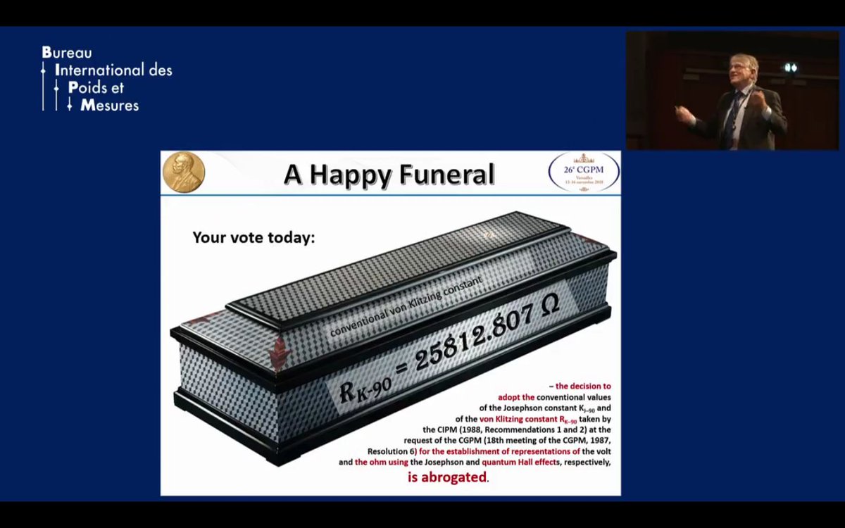 teppeikatori's tweet image. Happy funeral! Now the resistance is fixed by the #Planck constant and electric charge (due to #Josephson effect and #QuantumHall effect) #SIRedefinition