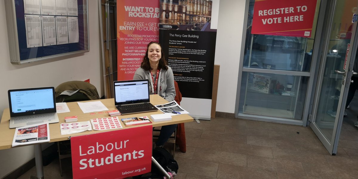 Here we are! As the government is falling apart, it's vital you know you're registered vote both at your term time AND home address. So come and say hello to us in the <a href="/LeicesterUnion/">Leicester Students’ Union</a> Percy Gee Building! #GetOutTheVote #MillionMoreVoices <a href="/LabourStudents/">Labour Students</a>