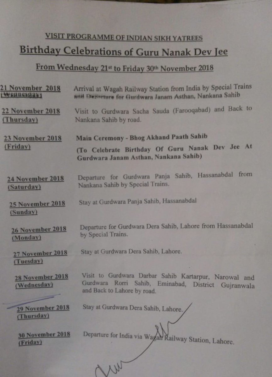 rsrobin1's tweet photo. Pakistan Gurdwara Parbhandhak Committee issued itinerary for Indian Sikh Pilgrimages to visit Pakistan to celebrate Birth anniversaryof Guru Nanak Dev jee. Pak authorities includes a short visit to Gurdwara Kartarpur Sahib. @IndiainPakistan @Paknewdelhi #etbp #KartarpurCorridor https://t.co/6YSEb757QE