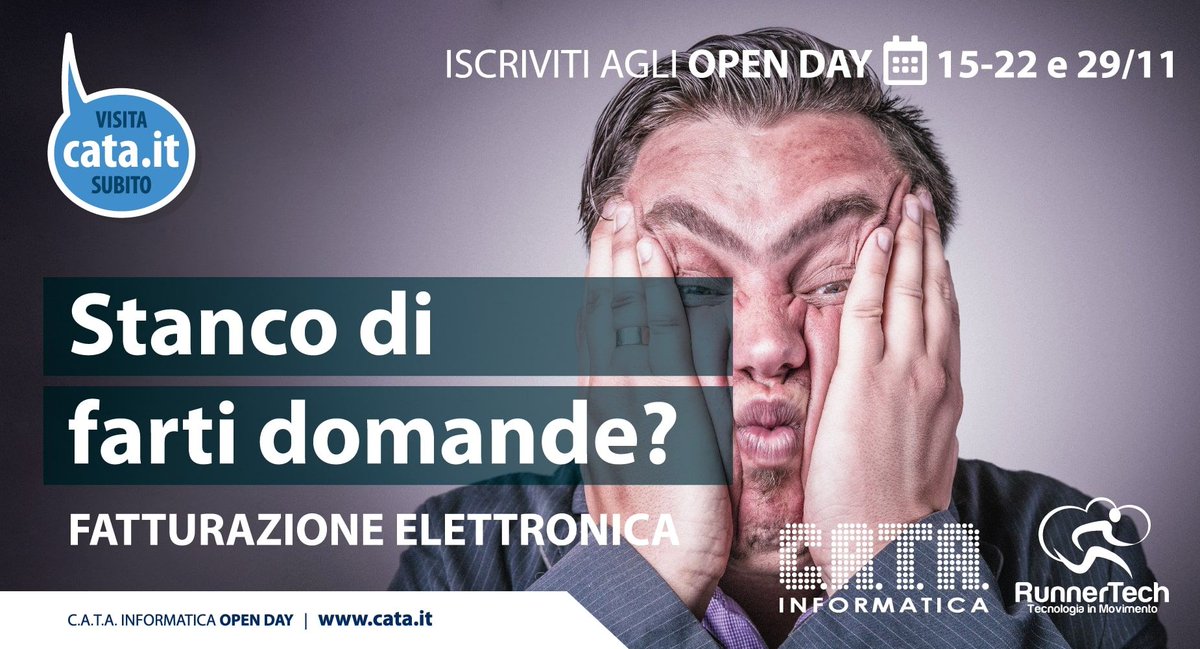 catamacro's tweet photo. La #fatturazioneelettronica ti tormenta? BLOCCA LO SCONTO PER IL 2019 e approfitta degli Open Day gratuiti del mese di Novembre. Insieme faremo chiarezza e riponderemo a tutte le tue domande https://t.co/aKpK9WAxLX https://t.co/11x3YMd2le