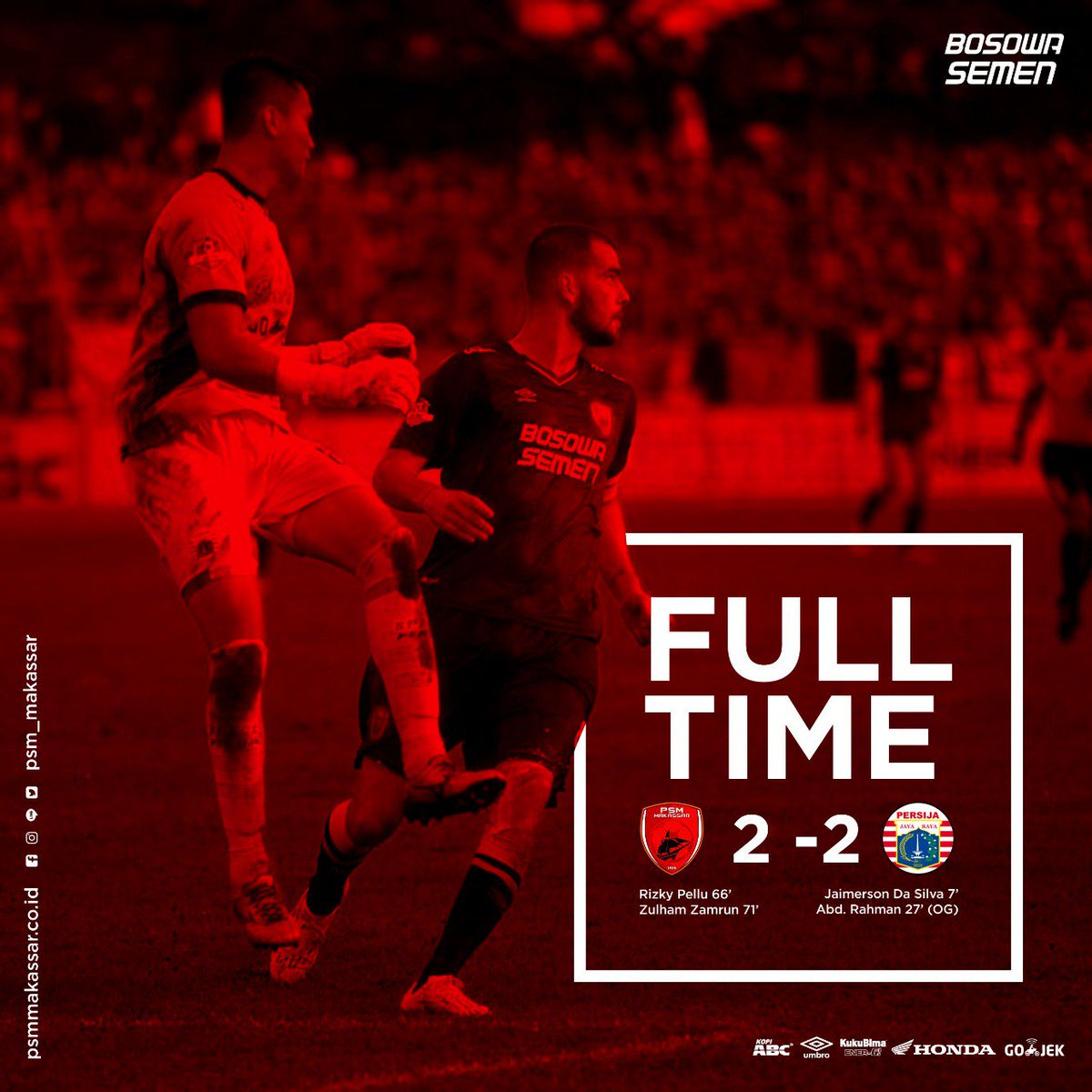Full Time

PSM Makassar (2) vs (2) Persija Jakarta

What a game?! Sempat tertinggal 2 gol, namun mental Pasukang Ramamg tidak gentar. Rizky Pellu dan Zulham Zamrun memaksa Macan Kemayoran harus puas berbagi poin dengan Juku Eja.

#EwakoPSM #PSMpersija #GojekLiga1