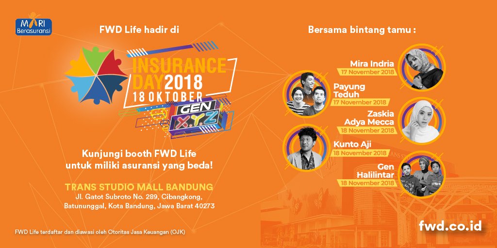 fwd_id's tweet image. Rayakan #InsuranceDay2018 bareng FWD Life di Trans Studio Mall Bandung! Cari tahu semua produk FWD Life dan promo menarik yg bisa kamu dapatkan. Dimeriahkan juga oleh Mira Indria, @zaskiadyamecca, @genhalilintar, @payungteduh &amp;amp; @KuntoAjiw. #insuranceday #GenXYZ #MariBerasuransi