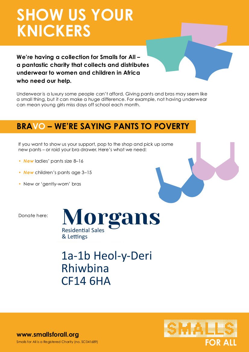 In our modern world of fast fashion it's easy to take basic items like underwear for granted.  The sad fact is that in many poor &amp; remote areas of Africa pants are a luxury &amp; simply unaffordable for most people.  
#SmallsForAll #PantsToPoverty #Rhiwbina #Cardiff