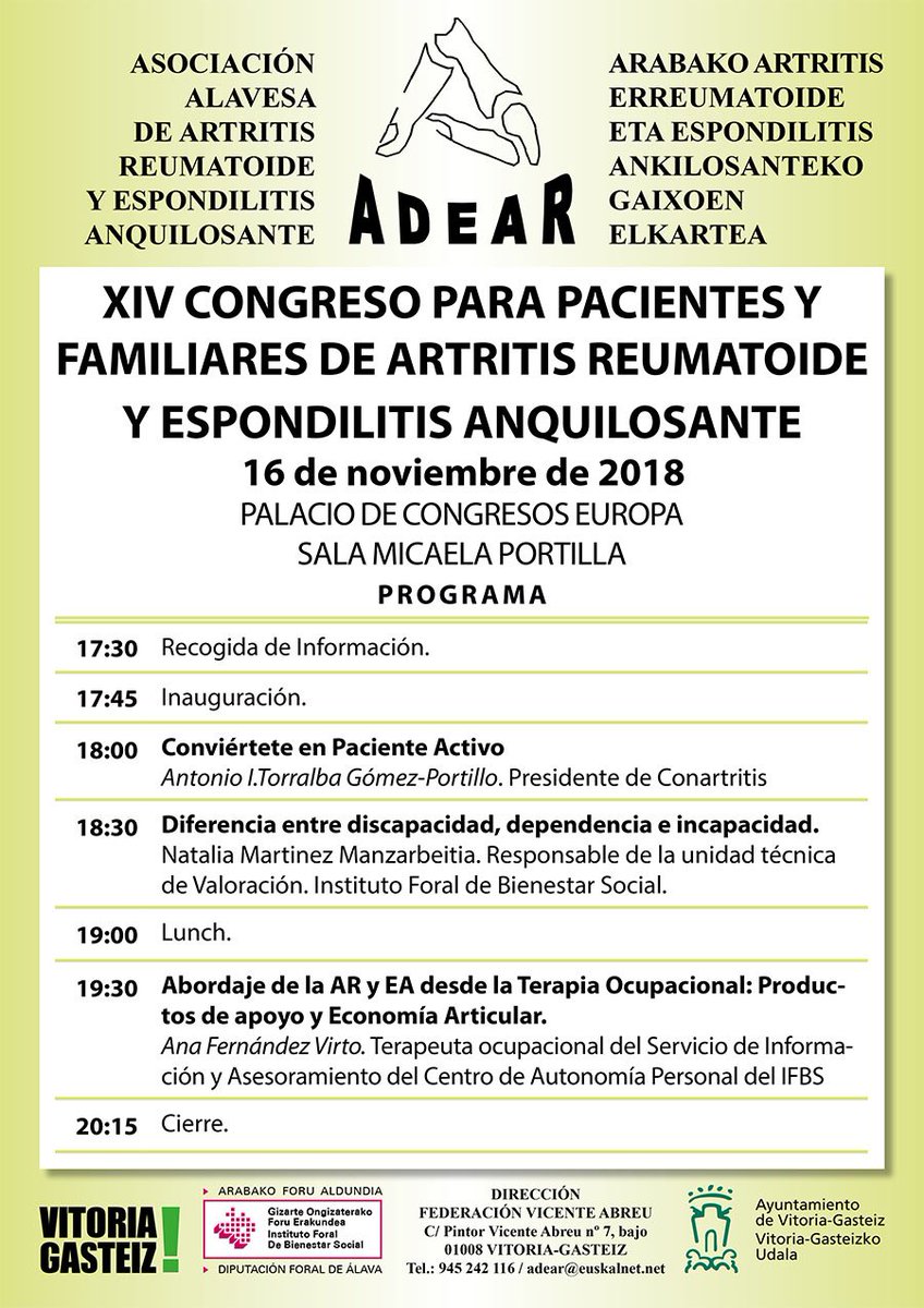 ConArtritis's tweet photo. Hoy os esperamos en @vitoriagasteiz en el XIV Congreso para pacientes y familiares de #artritisreumatoide y espondilitis anquilosante que organiza nuestra delegación miembro #ADEAR. @atorralba2016 hablará sobre la importancia de ser un #PacienteActivo https://t.co/JkIY3GR2CM