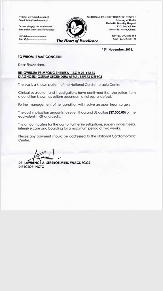 _Thessss's tweet photo. I need your support to help raise 7000USD so that I can undergo an Open Heart Surgery. You can donate through the National Cardiothoracic Centre in the name Owusua Frimpong Theresah. Kindly make payment to fidelity bank account no: 1060190950112 or mobile money number 0557176375 https://t.co/VhKGZWeXeU