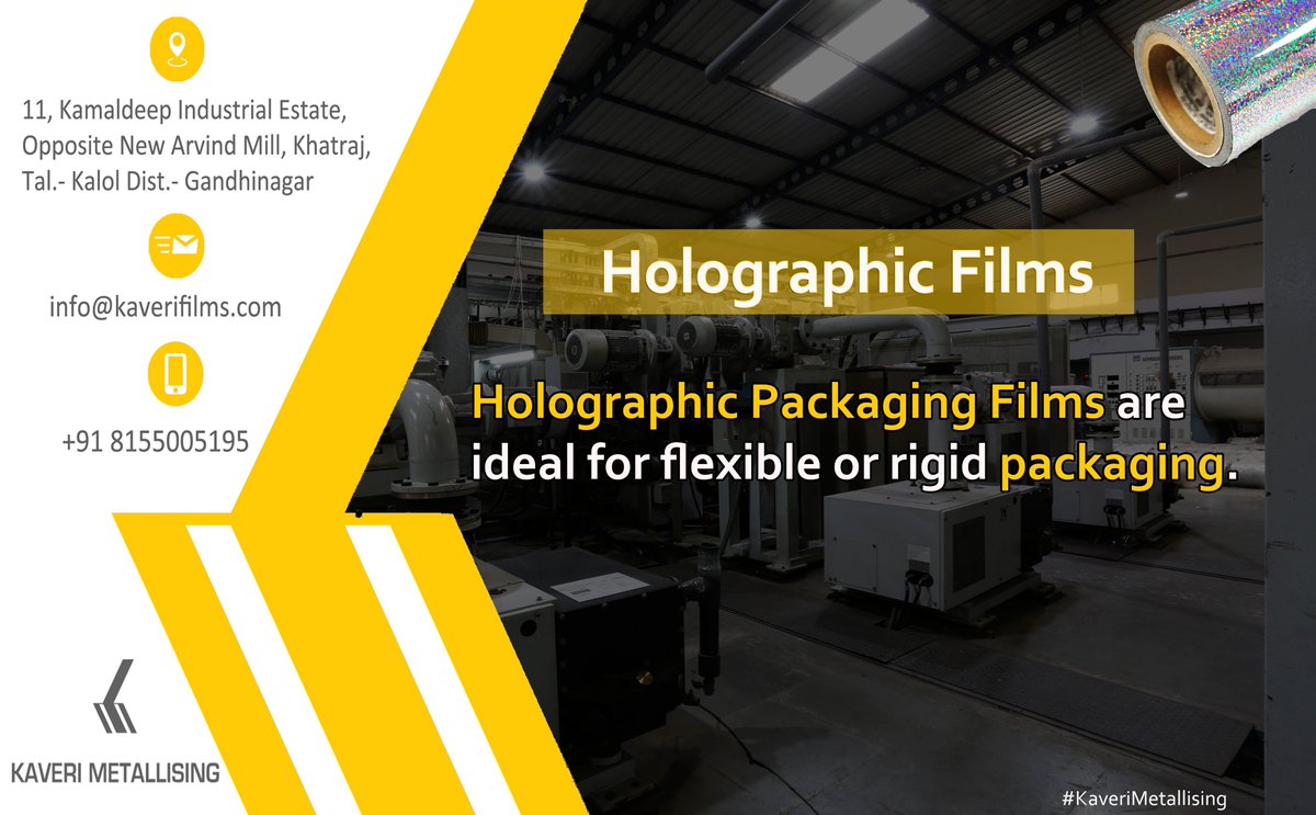 KaveriMetallis1's tweet photo. #Holographic #packagingfilms are ideal for flexible or rigid #packaging.
#holographicfilm can also be used to #laminate to #cardboard. 
#StripeMetallizing #PartialMetallizing 
#DeMetallizingfilms #Polyester #Bopp #CPP #LDPE #KaveriFilms #KaveriMetallising
https://t.co/tQ6n824qbt https://t.co/paoIuyh0Lo