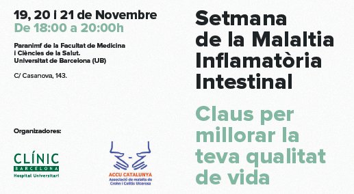 ACCUCatalunya's tweet photo. 🏥🗣️ Ja saps que la pròxima setmana organitzem amb l'@hospitalclinic la setmana de la malaltia inflamatòria intestinal?

📆 19,20 i 21 de Novembre
⏰18h a 20h
📍Paranimf de la Facultat de Medicina i Ciències de la Salut de la UB

#Crohn #ColitisUlcerosa #EII https://t.co/8EtlbdPxUG