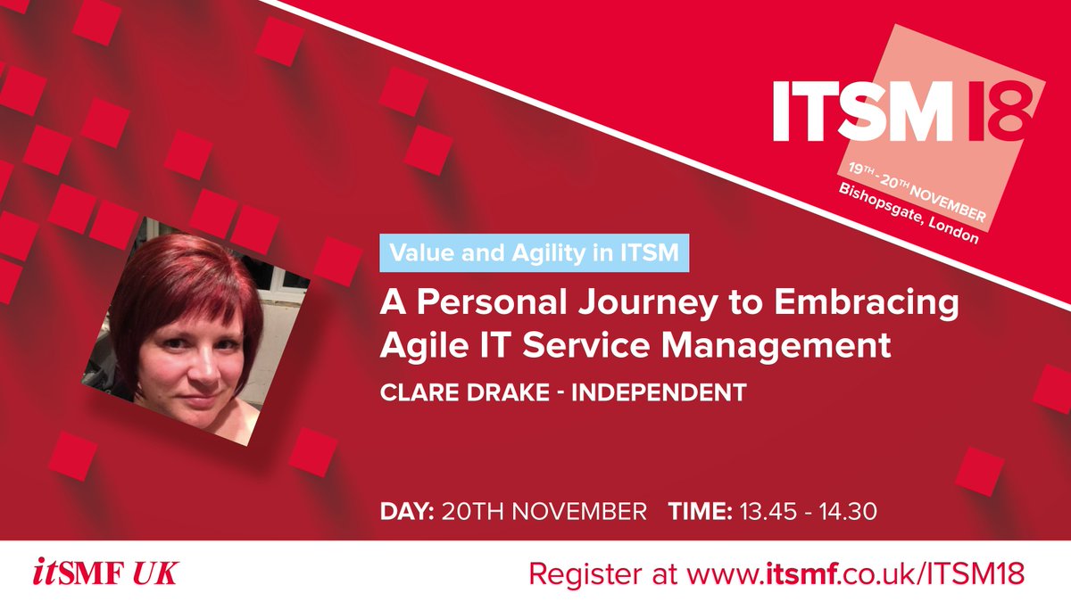 clairedrake1710's tweet photo. @itSMFUK #ITSM18
Really looking forward to speaking about my personal journey into Agile Service Management.  #excited #sharethexperience https://t.co/8872a2UIzZ