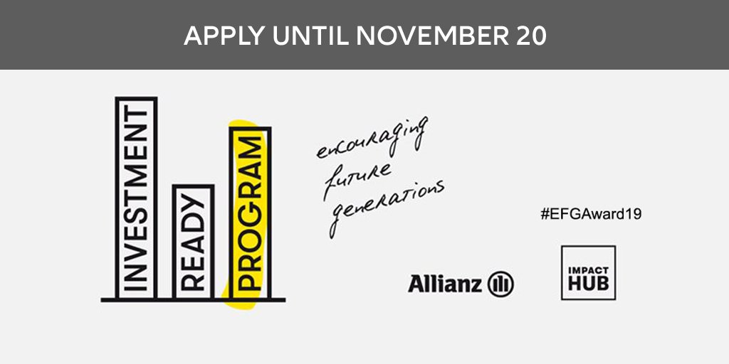 Allianz's tweet photo. Last call to apply for the #InvestmentReadyProgram #EncouragingFutureGenerations!  Extensive coaching, global networking + the chance to win the #Allianz Future Generations Award (40.000 €). #EFGAward19 @invest_ready #WorldChildrensDay #socialinclusion https://t.co/jPwoZwb9TJ https://t.co/6e9YICVXeU