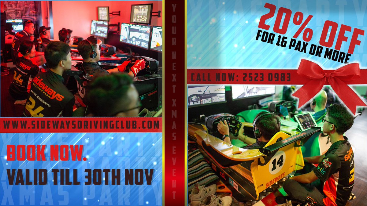 SidewaysDriving's tweet photo. Book now to avoid disappointment. 
#Christmas season special - offer ends on Nov 30th! 

Inquire today:
https://t.co/Zv1bfMS806
2523 0983
racing@sideways-driving-club.com

#sidewaysdriving #eSports #sidewayshongkong #sideways24hr #raceforcharity #eRacing https://t.co/OwPnUXERPE