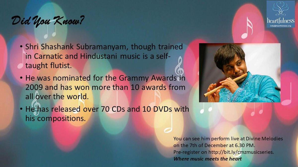 HeartfulnessTN's tweet photo. Experience a soothing atmosphere with mellifluous flutist Shri  Shashank Subramanyam on 7th December 2018 at 6.30 pm. Register @ https://t.co/GNFi9PAMOE https://t.co/sFr6kPkD48