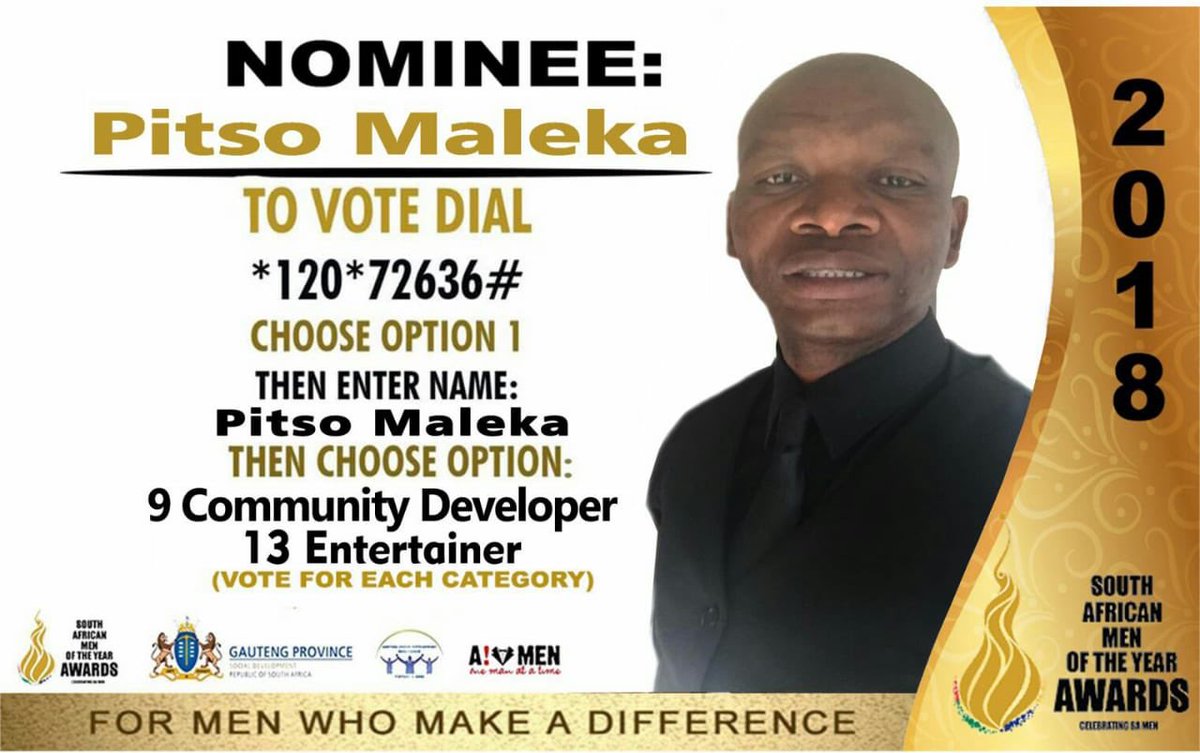MalekaPitso's tweet photo. Voting line for SA MEN'S AWARDS finalists is opened up until the 29th November 2018 https://t.co/l6roMZb9n3 will be announced same day.Get your tickets at Computicket ro attend the event.Please nominate your positive male role models by dialing *120*72636#. https://t.co/dmBrmrhEKT
