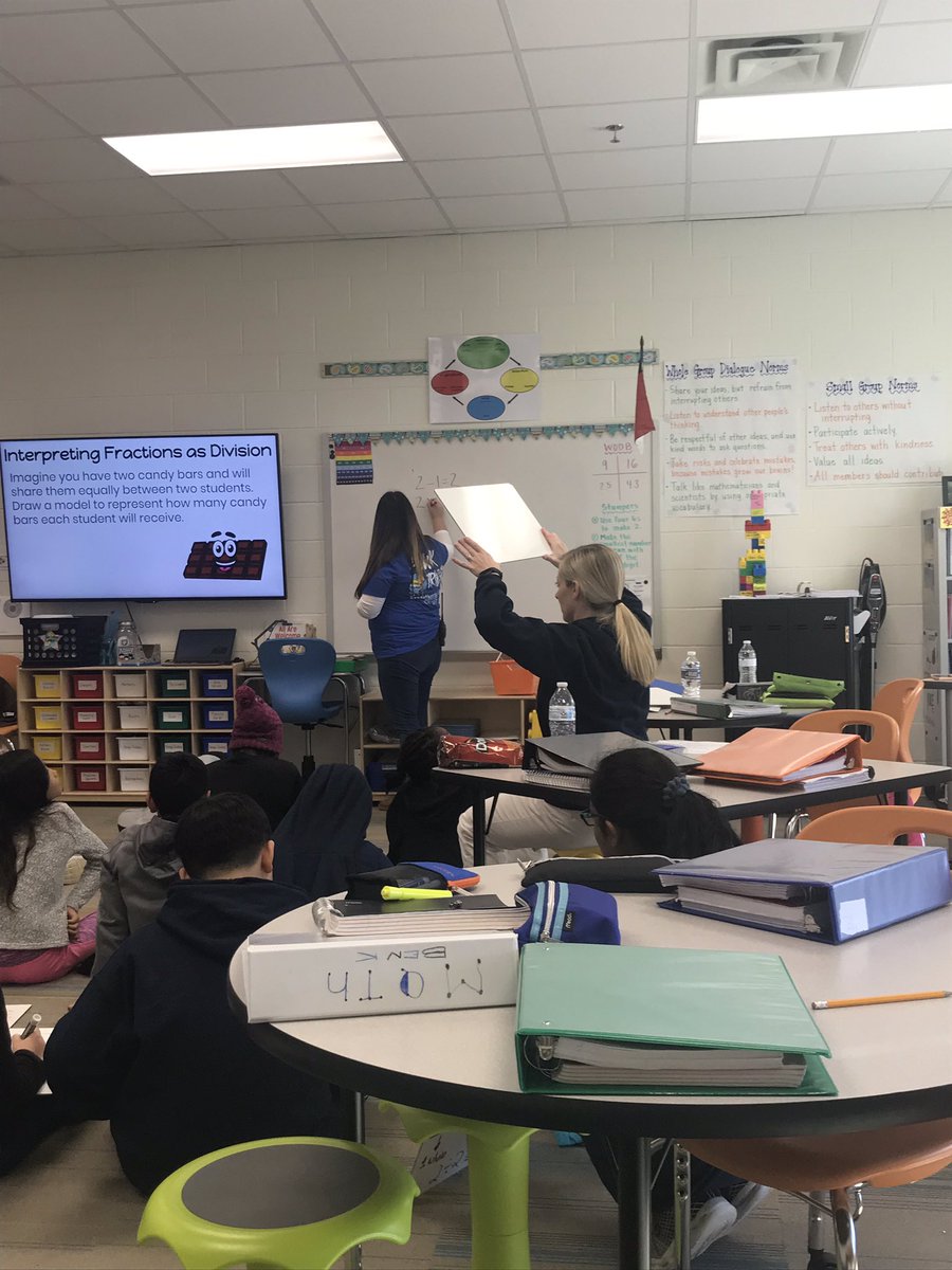 jtrevithick1's tweet photo. What an awesome co-teaching duo! Ss reflected/processed internally before modeling thinking &amp; explanations 👏🏻 All Ss engaged! @HortonsCreekES #fractions #division #somanywaystolearn @carolmohn @PerlmanSamantha @DrSandyChambers @WCPSS_SES @Ajl2909Audrey #teamteaching #pairshare https://t.co/yf9ZXc63lP