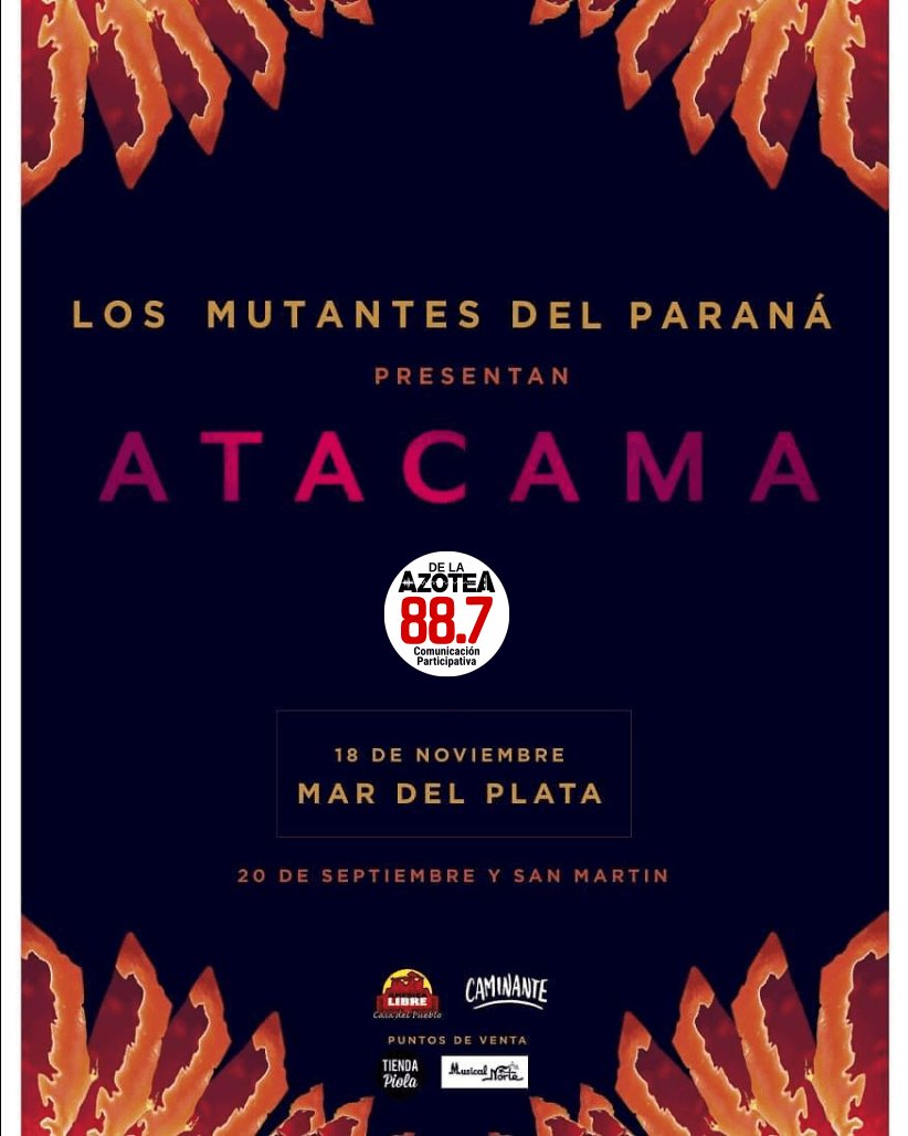 Sorteo! Los <a href="/mutantes_parana/">Los Mutantes del Parana</a> se presentan en el <a href="/ccamericalibre/">América Libre</a> este domingo y en De la Azotea te invitamos! Comunicate al 4726-887 ☎️ o al #WhatsApp 📲 2235828700 dejanos tu nombre y últimos 3 del DNI y participás. Hoy en <a href="/tpe887/">Tarde para Excusas</a> damos a lxs ganadorxs 🕺🕺💃🏾💃🏾! #mdq