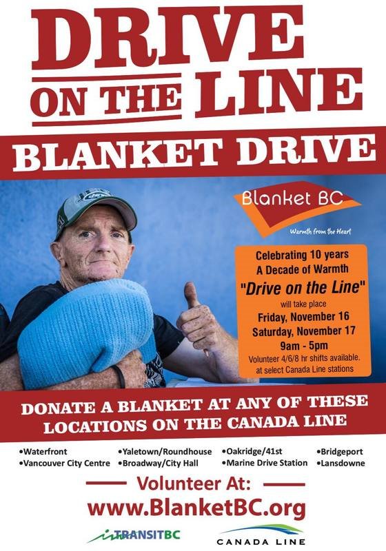 TransitPoliceBC's tweet photo. #DriveontheLine is underway! @BlanketBC is collecting blankets and warm winter accessories for people in need. Drop your donation off today or tomorrow, 9am-5pm, at Waterfront, Yaletown, City Centre, Broadway, Oakridge, Marine Drive, Bridgeport or Lansdowne Canada Line Station https://t.co/1XIkfWoWq0