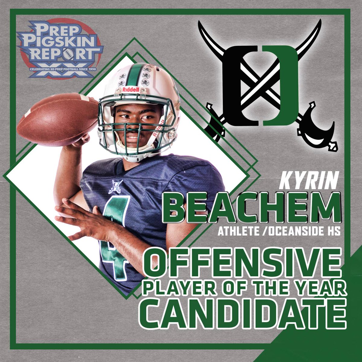 KUSIPPR's tweet photo. KUSI Prep Pigskin Report Offensive Player of the Year Candidate: Kyrin Beachem
This season he threw for 2,128 yds and 18 TD plus 2 TD rushing and he needs you to #GoVote and RETWEET his photo https://t.co/Dnm77aLZd6