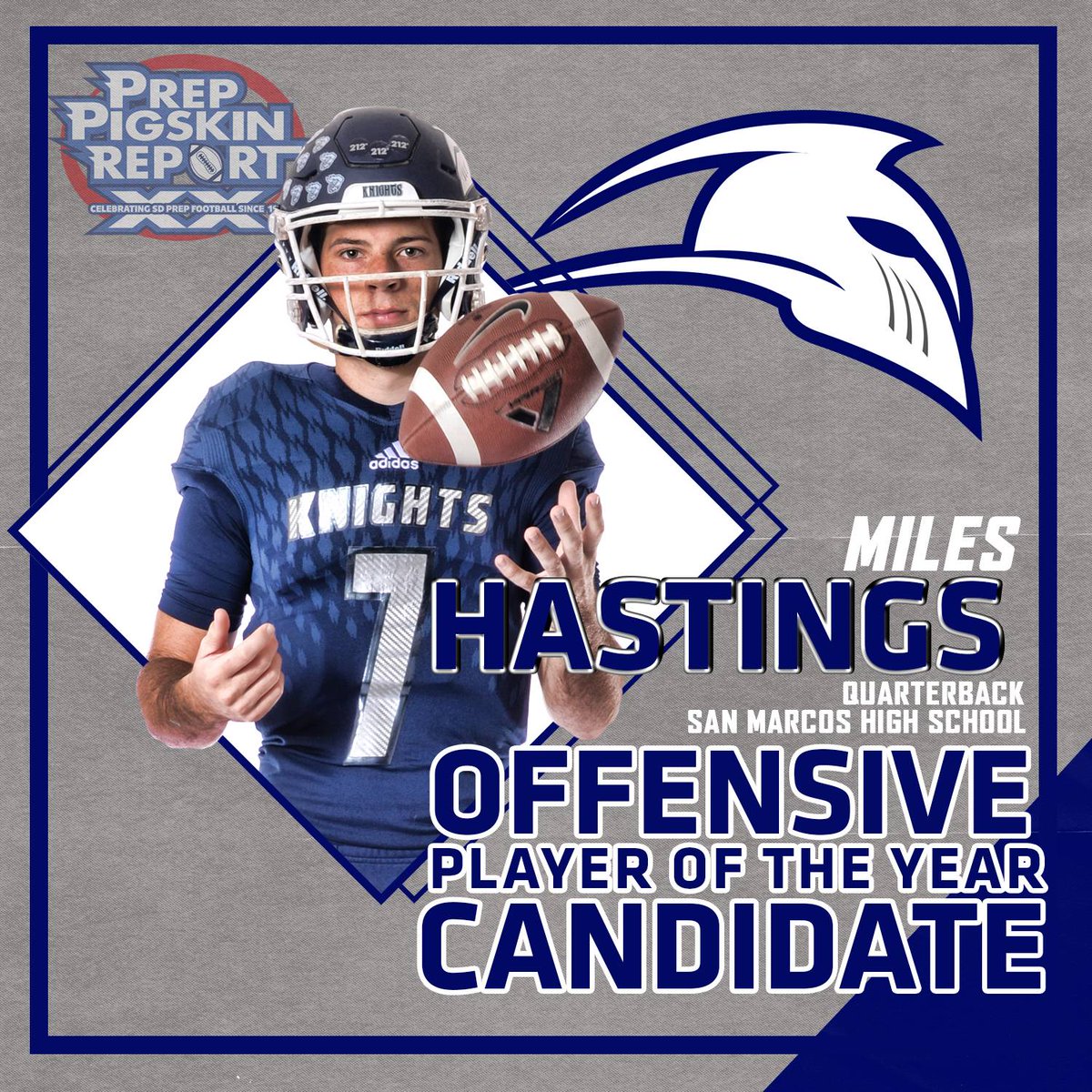 KUSIPPR's tweet photo. KUSI Prep Pigskin Report Offensive Player of the Year Candidate: Miles Hastings
This season he threw for 1,665 yds and 16 TD and he needs you to #GoVote and RETWEET his photo https://t.co/V7cFDIxFyV