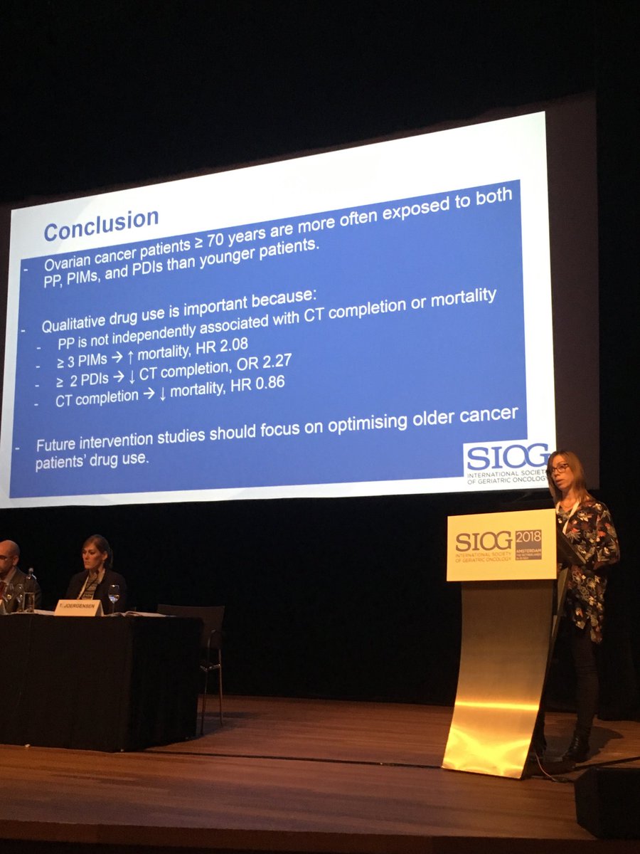 StineBrWinther's tweet photo. ⁦@trinejoer⁩ presenting data on medications in older ⁦@AgeCare1⁩  ⁦@siog2018NL⁩ #GeriOnc https://t.co/9YYDZjBAyf