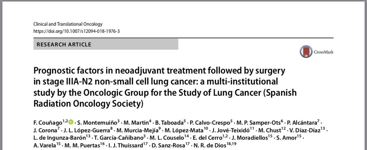 fcounago's tweet photo. Prognostic factors in neoadjuvant treatment followed by surgery
in stage IIIA‐N2 NSCLC. A new #GOECP paper. https://t.co/zQ3lKc0afx