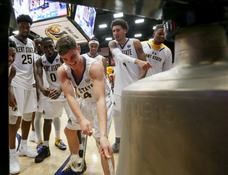 Photo of the Week: Freshman Guard Sam Norton rings The Victory Bell after the Golden Flashes' 90-69 home opener win over the Shawnee State Bears. ow.ly/37oF30mDVBw