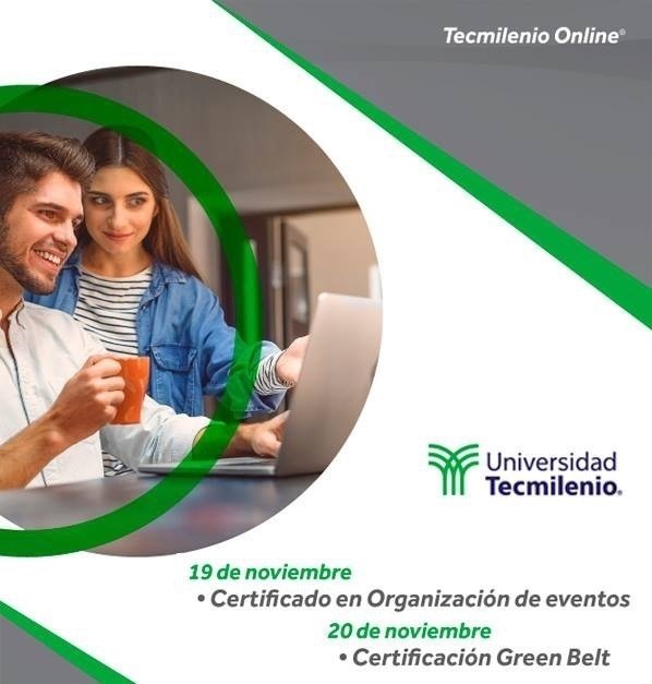 TECMILENIO ONLINE ¡Inscripciones abiertas!

Próximo 19 de Noviembre
- Centificación en Organización de eventos

Próximo 20 de Noviembre
- Certificación Green Belt

Mayor información
Tel.: 999.252.1000
WhatsApp: 999 408.9814
Email. agustina.duarte@tecmile… ift.tt/2OMCWSP