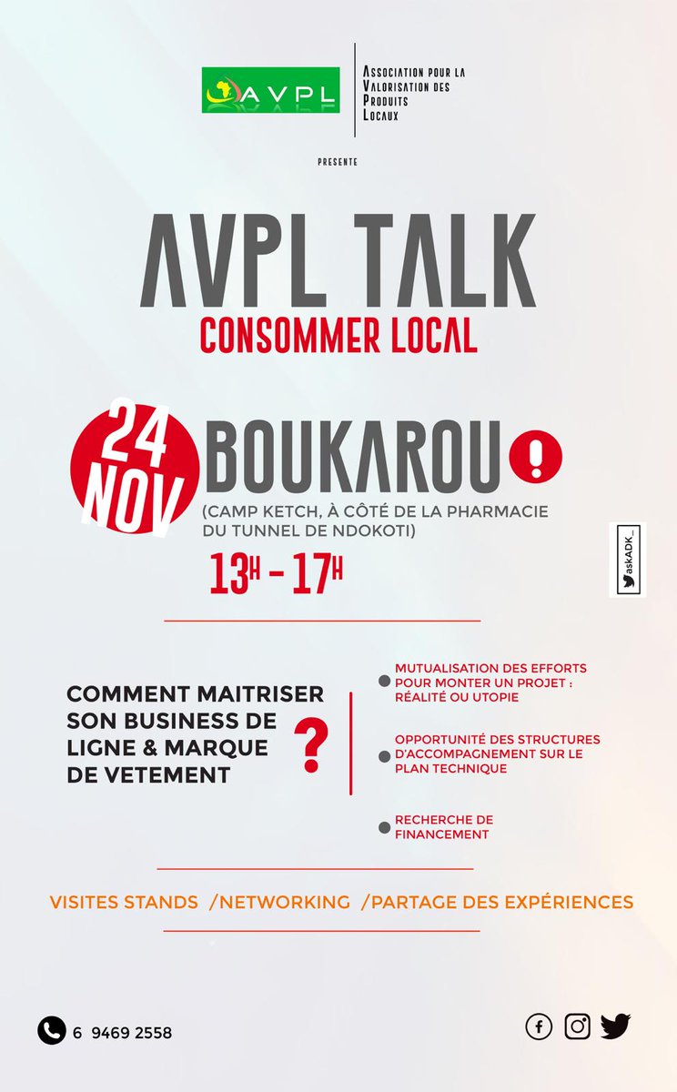 CassijeEyaane's tweet photo. AVPL TALK NOUS REVOILÀ !
Save the date : Samedi 24 novembre 2018
d 13h-17h au boukarou sis a Ndokoti Douala.
Thème : Consommer local
Programme :
Ateliers, échanges et networking.
Sont concernés : Tous les producteurs locaux et les consommateurs.
#AVPLTALK https://t.co/Qx5fjU3Mhh