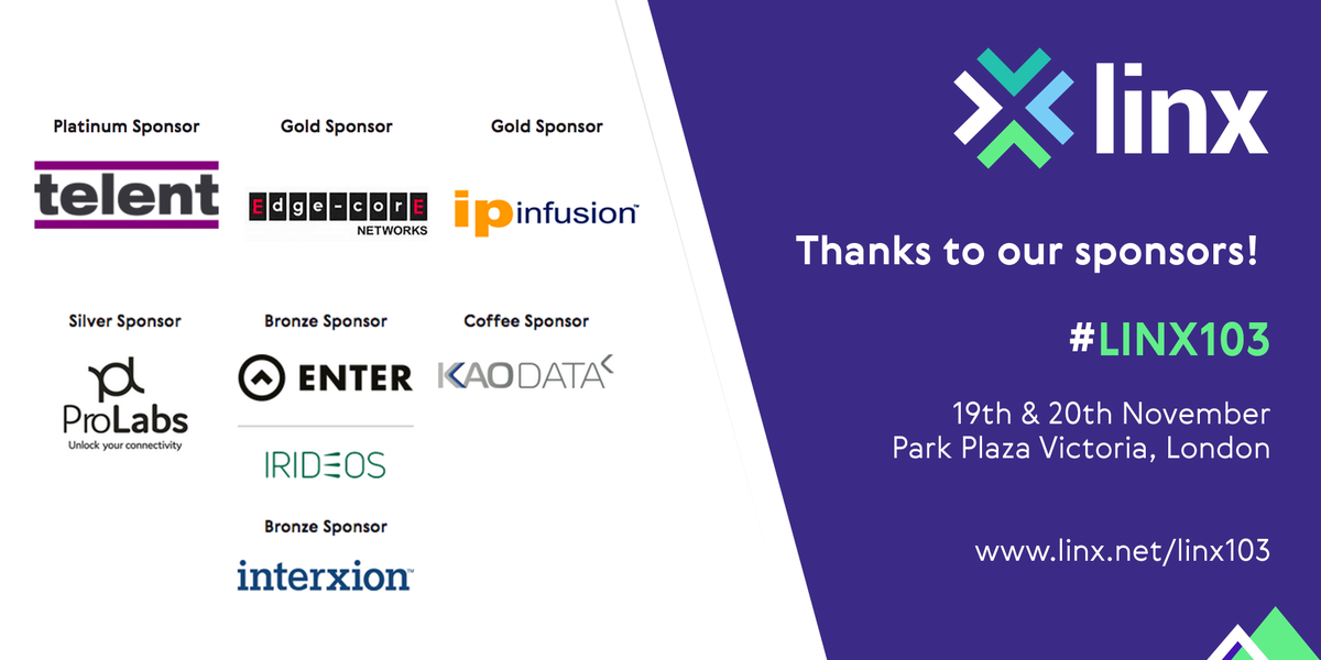 Final preparation underway for #LINX103 taking place on Monday &amp; Tuesday in London! Thanks to all our sponsors; @telent_UK <a href="/EdgeCoreNetwork/">Edgecore Networks</a> <a href="/IPInfusion/">IP Infusion</a> <a href="/ProLabs_Global/">ProLabs_Global</a> <a href="/enterteam/">Enter / ISP</a> <a href="/interxion/">Interxion: A DIGITAL REALTY COMPANY</a> <a href="/KaoDataDC/">Kao Data</a> Looking forward to a great networking event! linx.net/linx103 #Peering