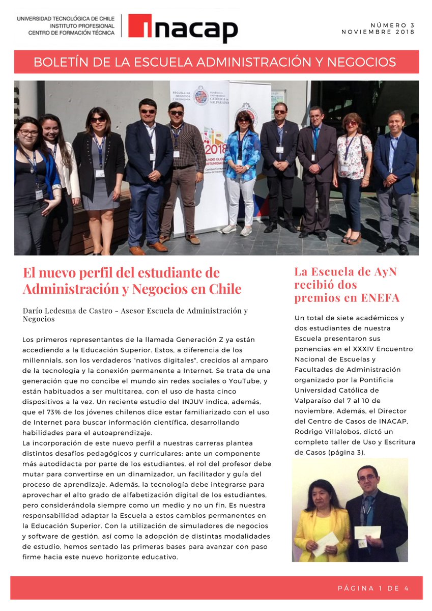 INACAP_AyN's tweet photo. Ya está aquí el tercer número del Boletín de la Escuela de #Administración y #Negocios de #INACAP. En esta ocasión, artículos sobre #ENEFA, #CLADEA, Shark Finance Challenge y más. @comunidadpucv @Tec_CSF @cladeaorg @ASECH_ag @movand60 @INACAPINOS https://t.co/KIAZRFZ4Zv