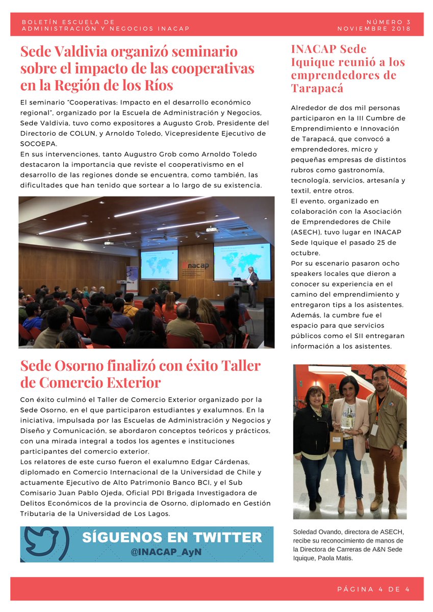 INACAP_AyN's tweet photo. Ya está aquí el tercer número del Boletín de la Escuela de #Administración y #Negocios de #INACAP. En esta ocasión, artículos sobre #ENEFA, #CLADEA, Shark Finance Challenge y más. @comunidadpucv @Tec_CSF @cladeaorg @ASECH_ag @movand60 @INACAPINOS https://t.co/KIAZRFZ4Zv