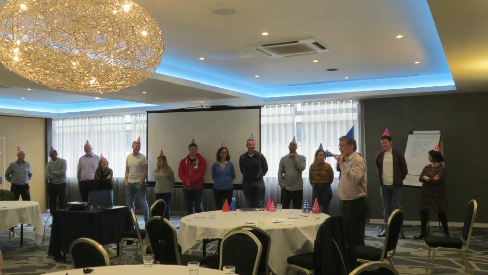 HertsBuildCtrl's tweet photo. #FridayFeeling Our Head of Quality and Compliance showing us how to throw a party we can all be proud of! Actually a memorable seminar on processes at the HBC Away Day. #training #iso9001 https://t.co/lnTrrUyuBa