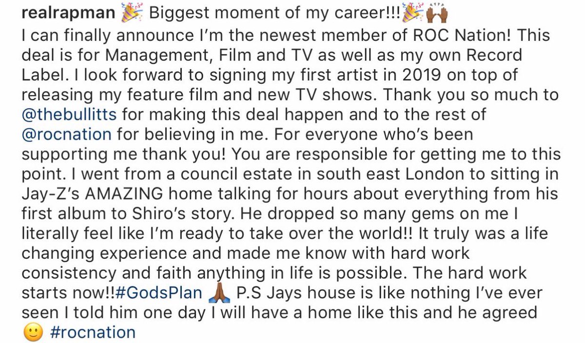 RealRapman's tweet photo. Hardest secret I’ve ever had to keep but I can finally announce I’m the newest member of @RocNation 🙏🏾 https://t.co/pttD07pXrE