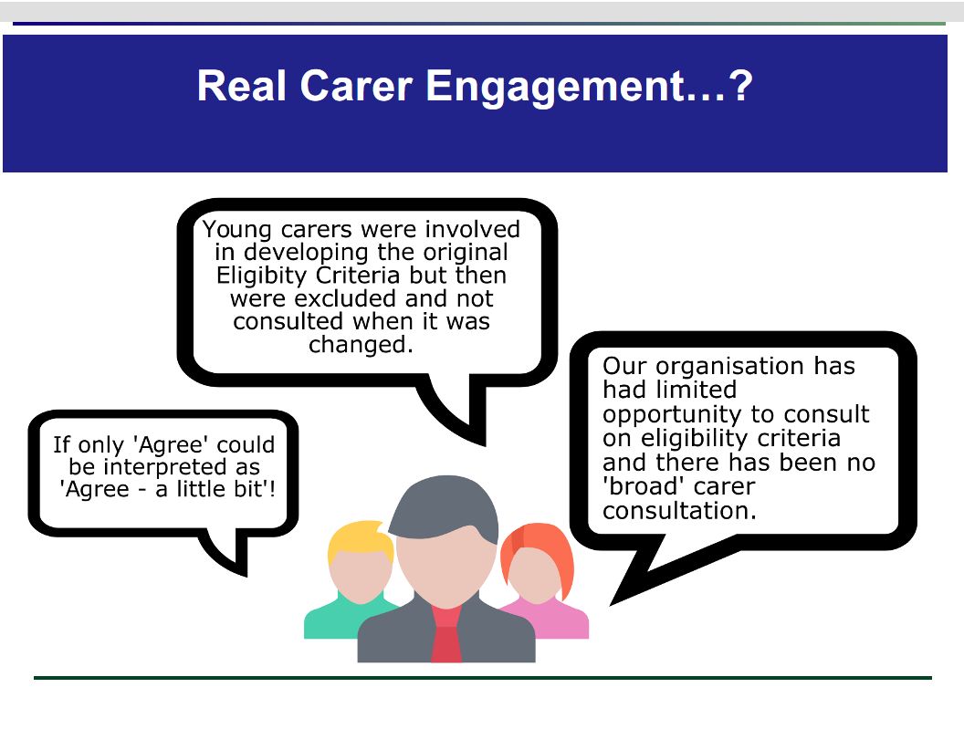 Shubhanna's tweet photo. Around 84% of Carers Centres in Scotland agree that they have been "consulted" on the local eligibility criteria for Carers. But consultations need to be meaningful,otherwise they become nothing more than a tick box exercise. #COCISAGM #CarersAct https://t.co/CvOZipWqfN