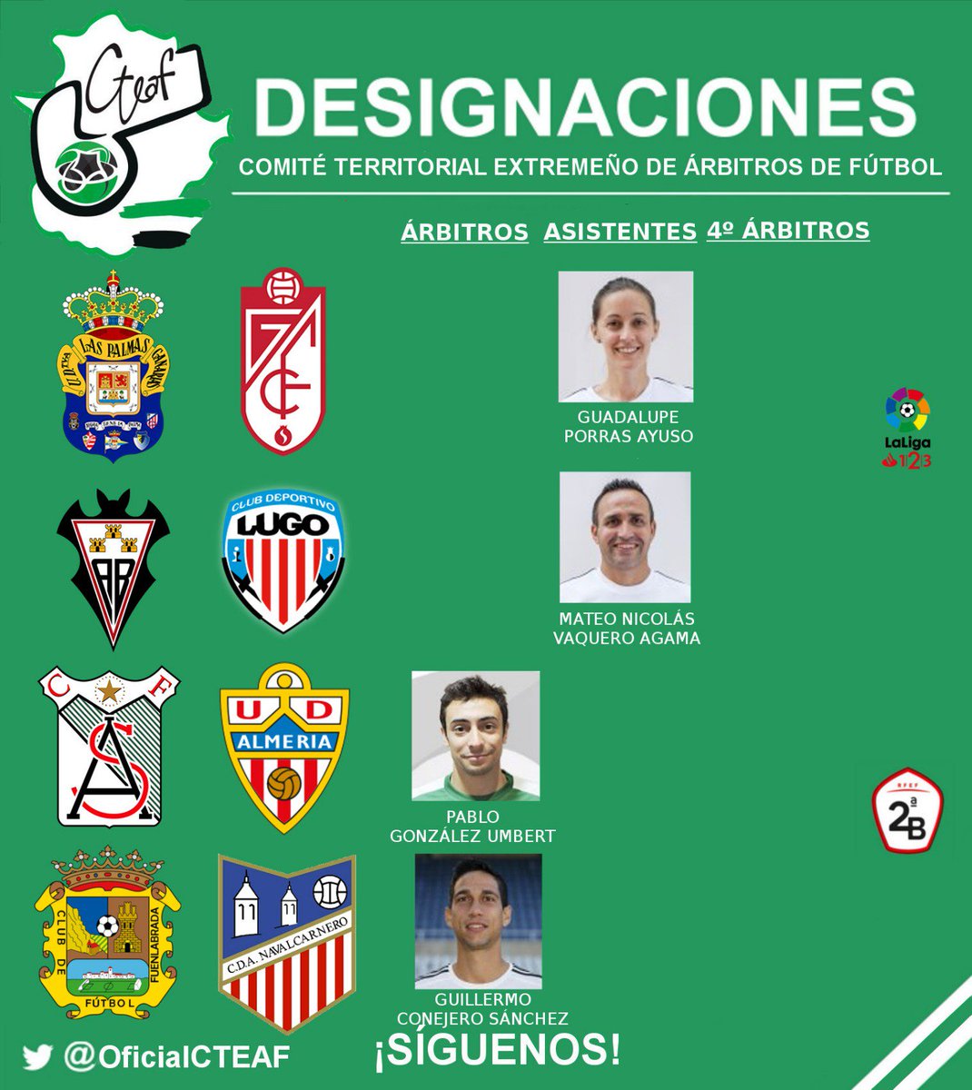 oficialcteaf's tweet photo. ⚠️DESIGNACIONES ⚠️
Representantes extremeños para esta jornada para la Liga 1 2 3 y La 2B. https://t.co/JSQ6Pkx0ek