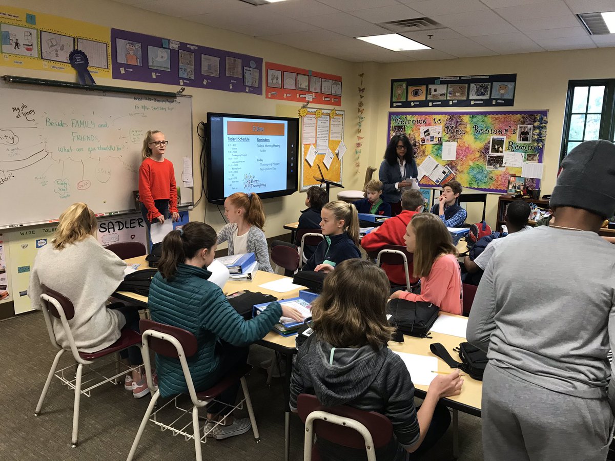 kstorysquared's tweet photo. Friday’s morning meeting is led by #6thTrinity student, SW. “What pops into your mind when I saw family? Friends? Places?” #BooSt18 write. SW says “That’s what you’re thankful for. “ She shares about her gratitude journal. Good start to our T’giving program day. #TrinityLearns https://t.co/NRUn4nlXG9
