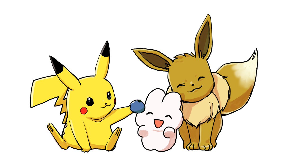 eevee ,pikachu pokemon (creature) no humans smile closed eyes white background open mouth sitting  illustration images