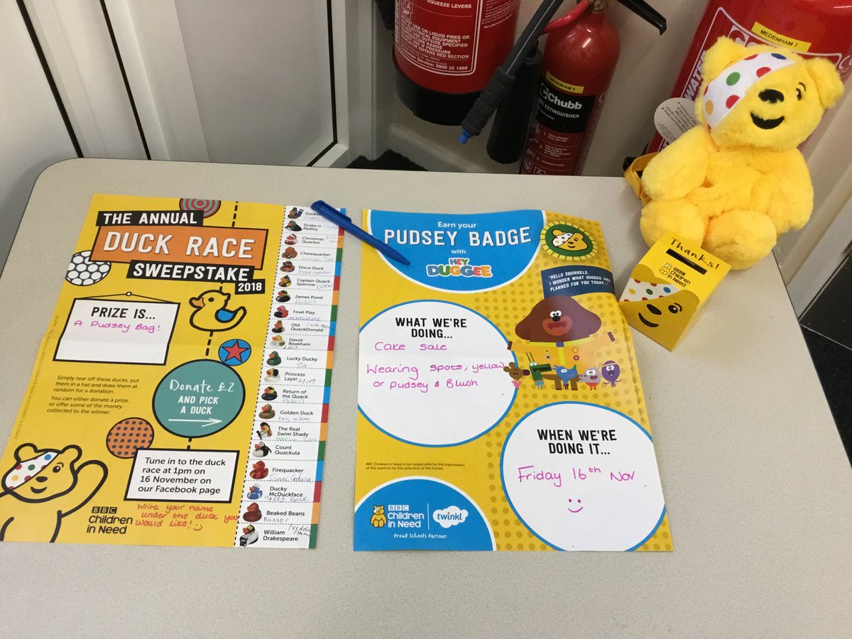 SpringMedmenham's tweet photo. Children In need fundraising has been in full swing this week with plenty of activities too, Shaving foam, Pudsey hats, cake sales &amp; duck races to win a Pudsey bear bag #childreninneed2018  #springplaylearn  so far we have rasied £93 with plenty more cakes to sell this afternoon. https://t.co/QvZA8o4yyd