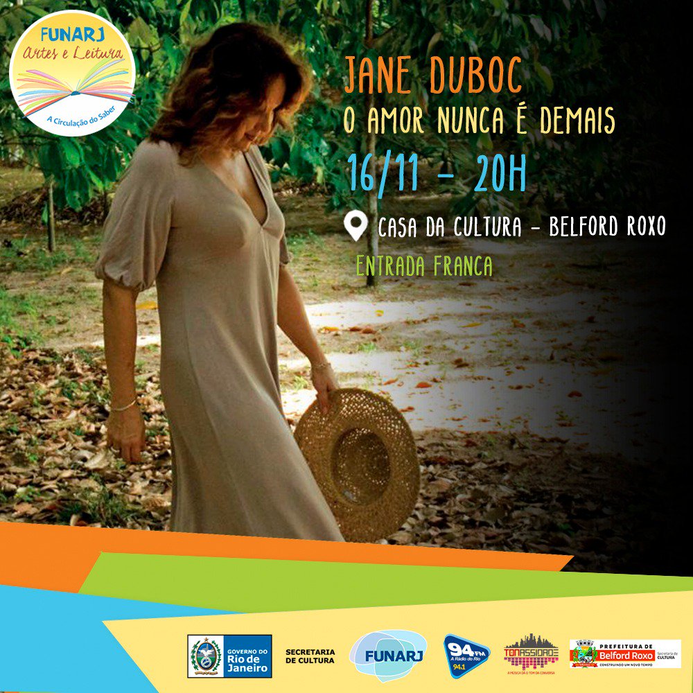 funarj's tweet photo. Hoje tem show #gratuito de #JaneDuboc recebendo #JayVaquer na #CasadaCulturadeBelfordRoxo, como parte do festival #FUNARJArteseLeitura!
#mpb #música #belfordroxo #janeduboc #jayvaquer #programacultural #festival https://t.co/jr24xdKjJ1