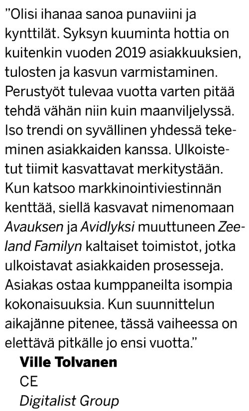 Kun katsoo markkinointiviestinnän kenttää, siellä kasvavat nimenomaan Avauksen ja Avidlyksi muuttuneen Zeeland Familyn kaltaiset toimistot, jotka ulkoistavat asiakkaiden prosesseja, kommentoi <a href="/villetolvanen/">Ville Tolvanen</a> <a href="/marmai/">Marmai</a> ssa #MarketingAsaService #kumppanuus #kasvu @AvidlyFI